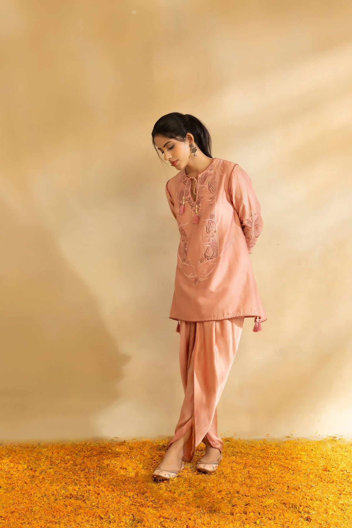 Rose Gold silk chanderi kurti set and dhoti pants