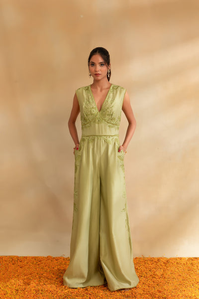 Pista green Silk chanderi Jumpsuit