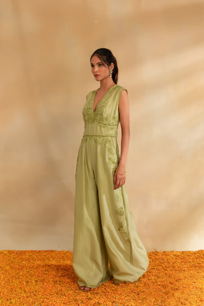 Pista green Silk chanderi Jumpsuit