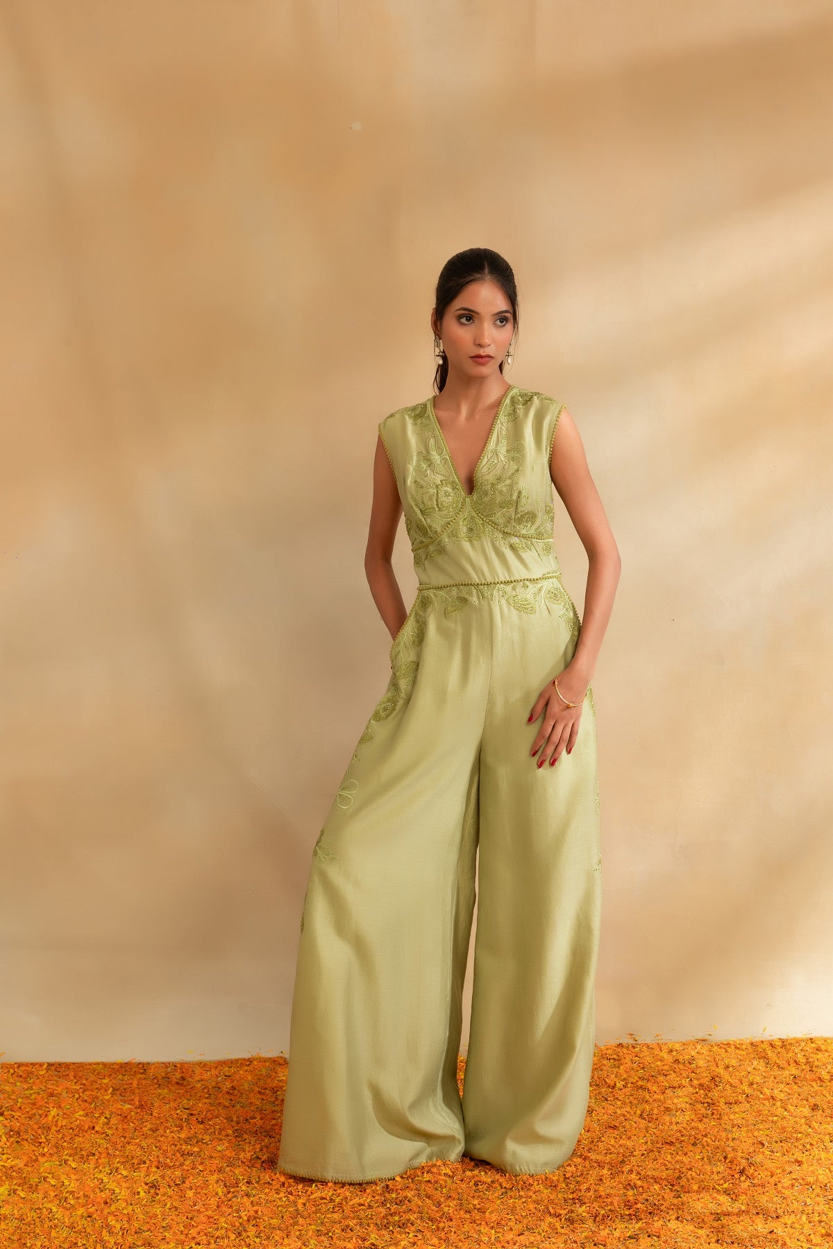 Pista green Silk chanderi Jumpsuit