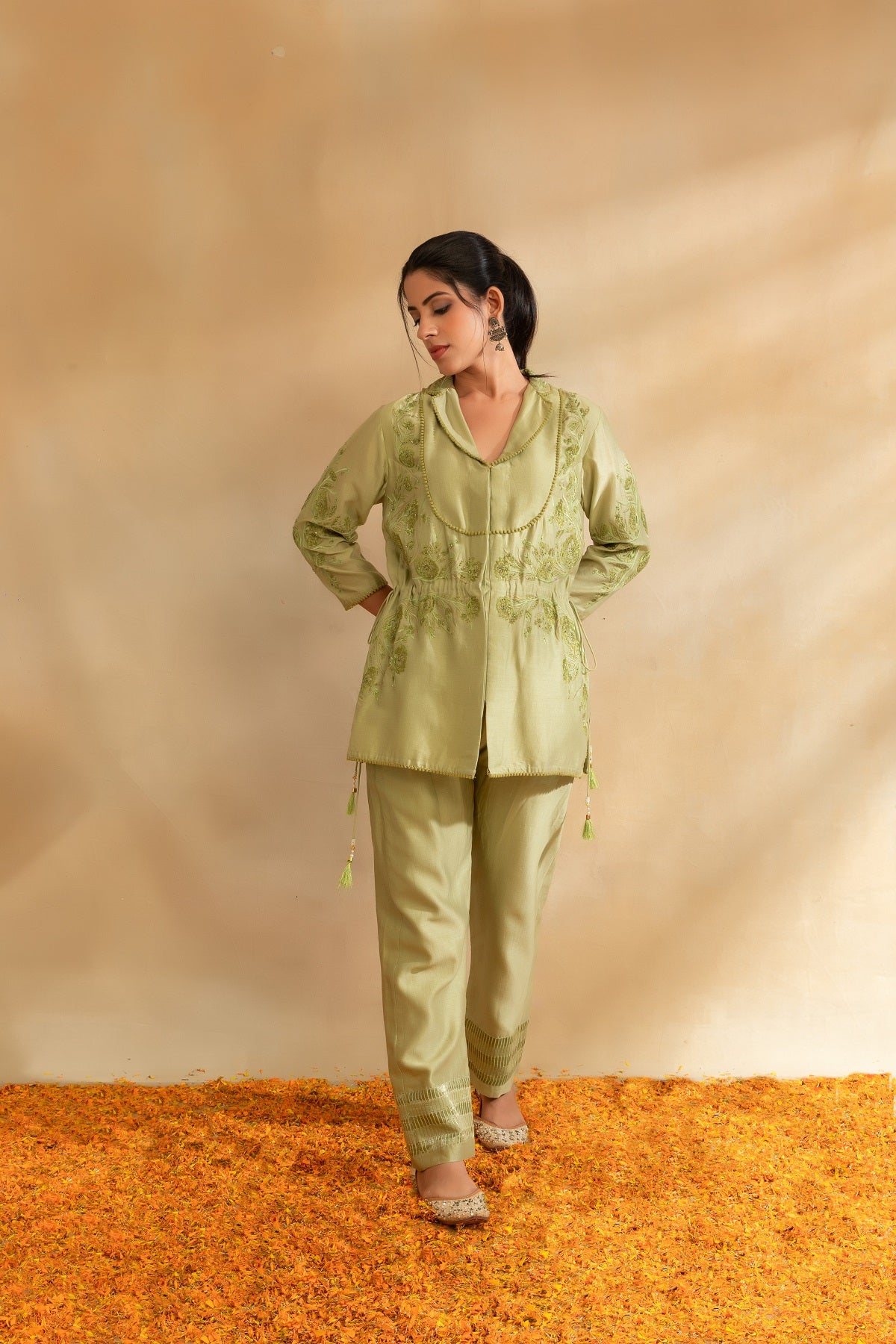 Pista green Silk chanderi co-ord set and pant