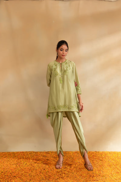 Pista green silk chanderi kurti set and dhoti pants