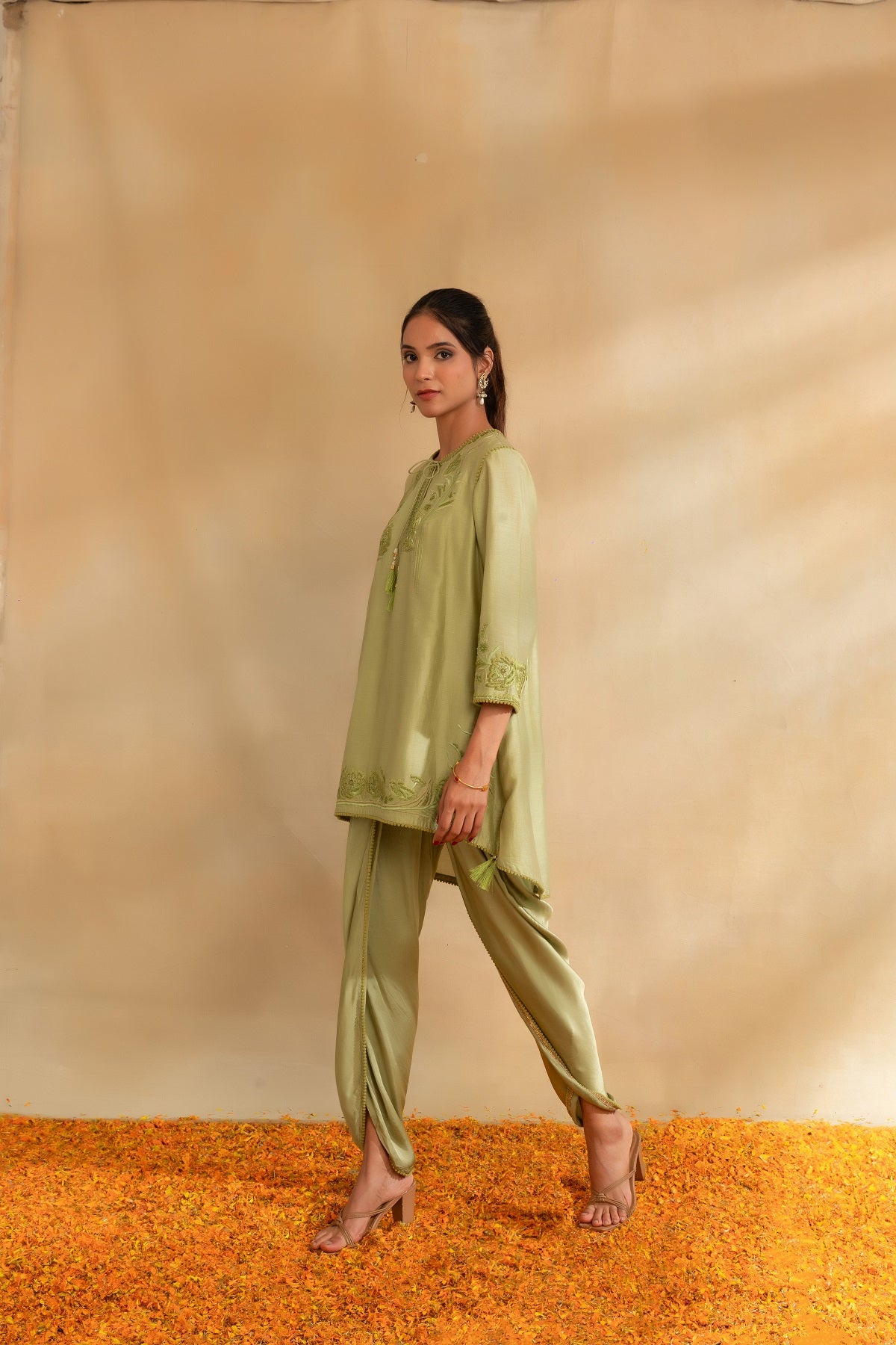 Pista green Silk chanderi tunic set and pant