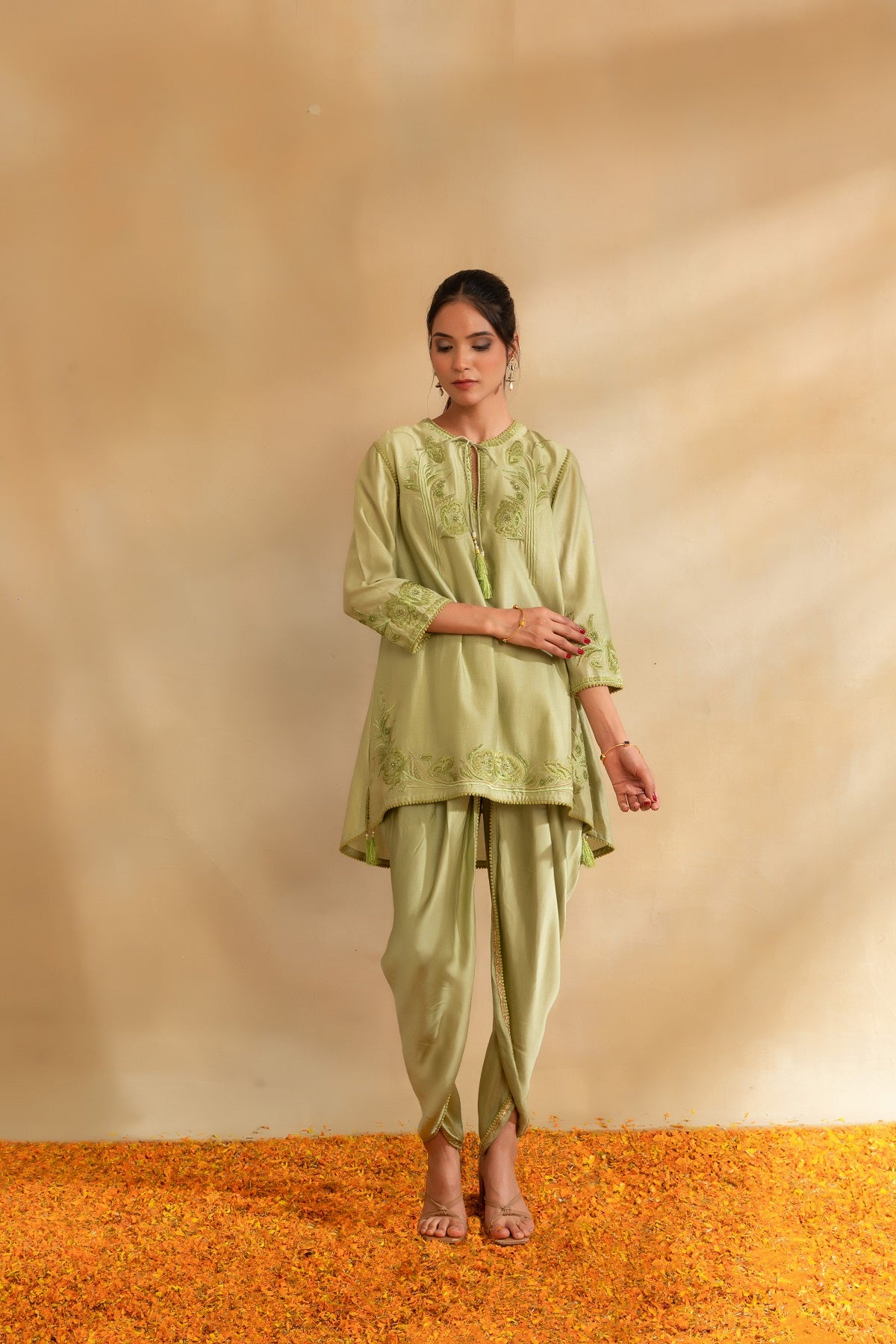 Pista green silk chanderi kurti set and dhoti pants