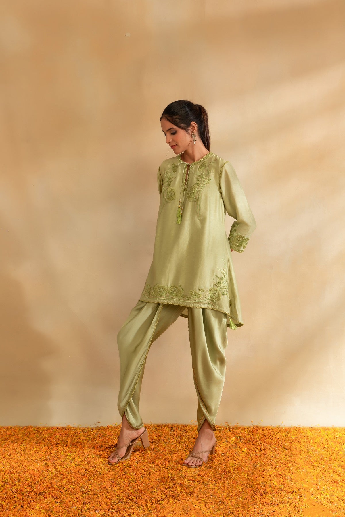 Pista green silk chanderi kurti set and dhoti pants