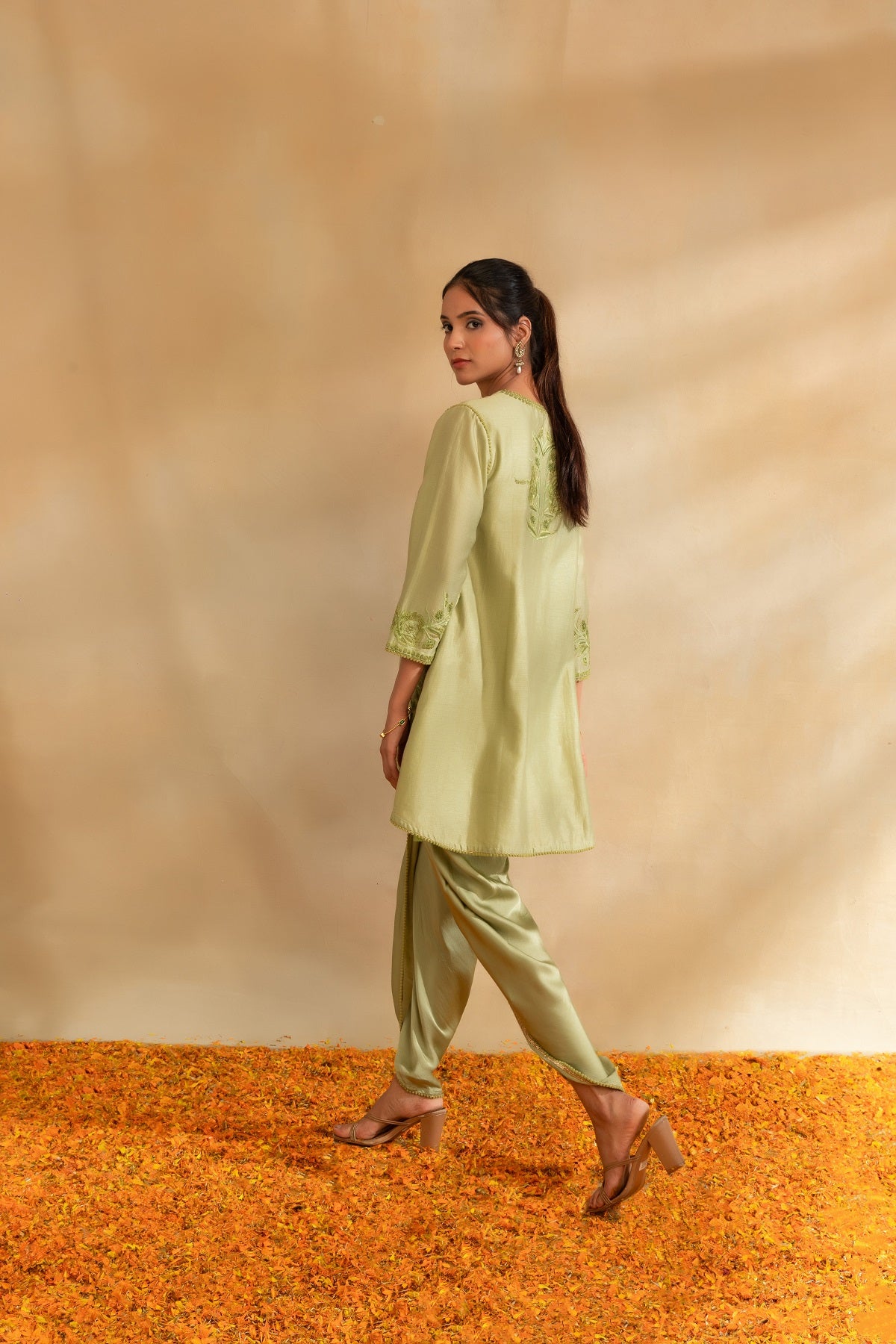 Pista green Silk chanderi tunic set and pant