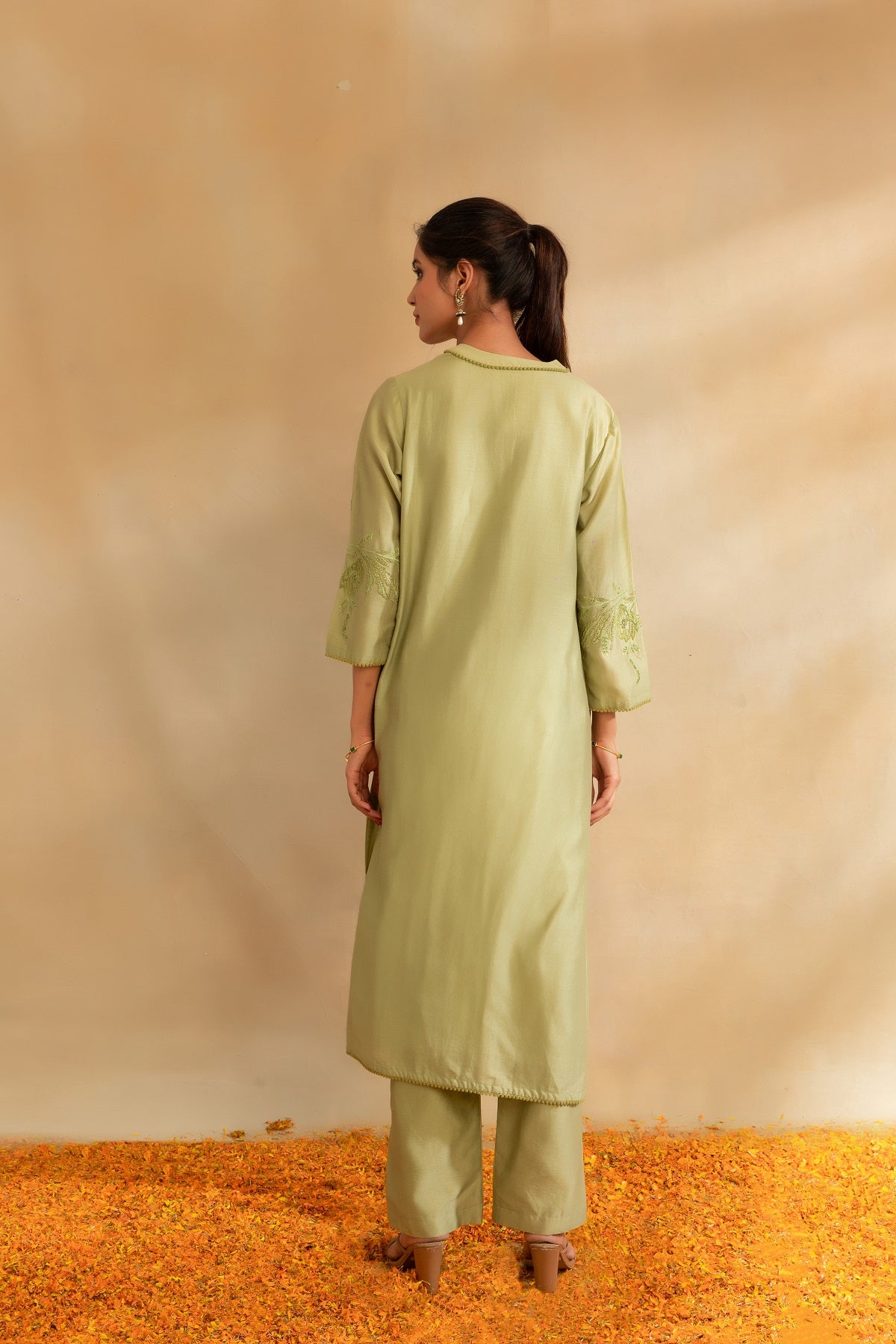 Pista green Silk chanderi tunic set and pant