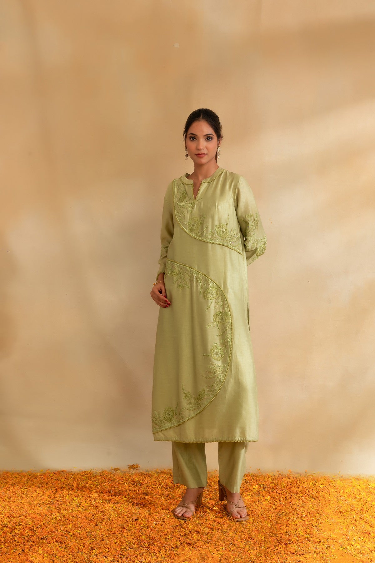 Pista green Silk chanderi tunic set and pant