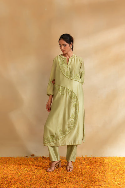 Pista green Silk chanderi tunic set and pant