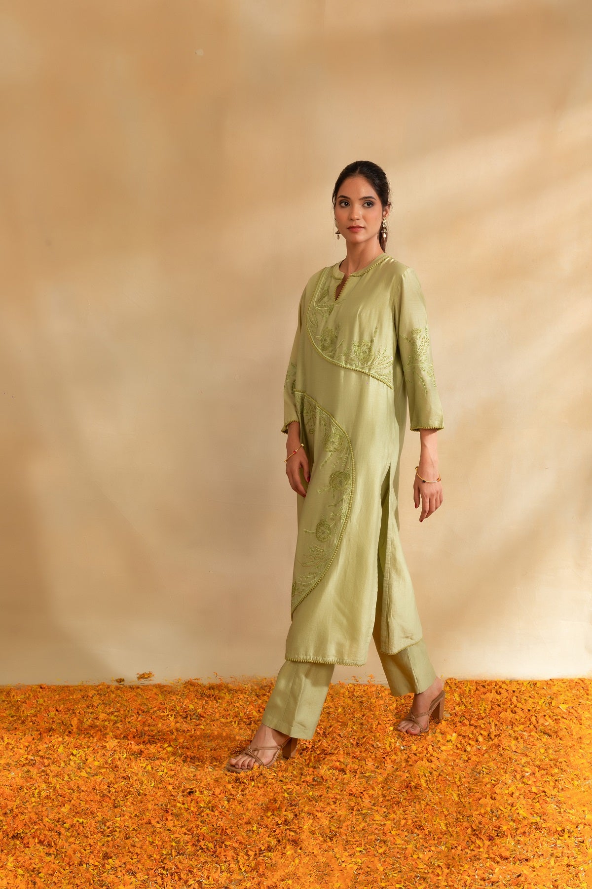 Pista green Silk chanderi tunic set and pant