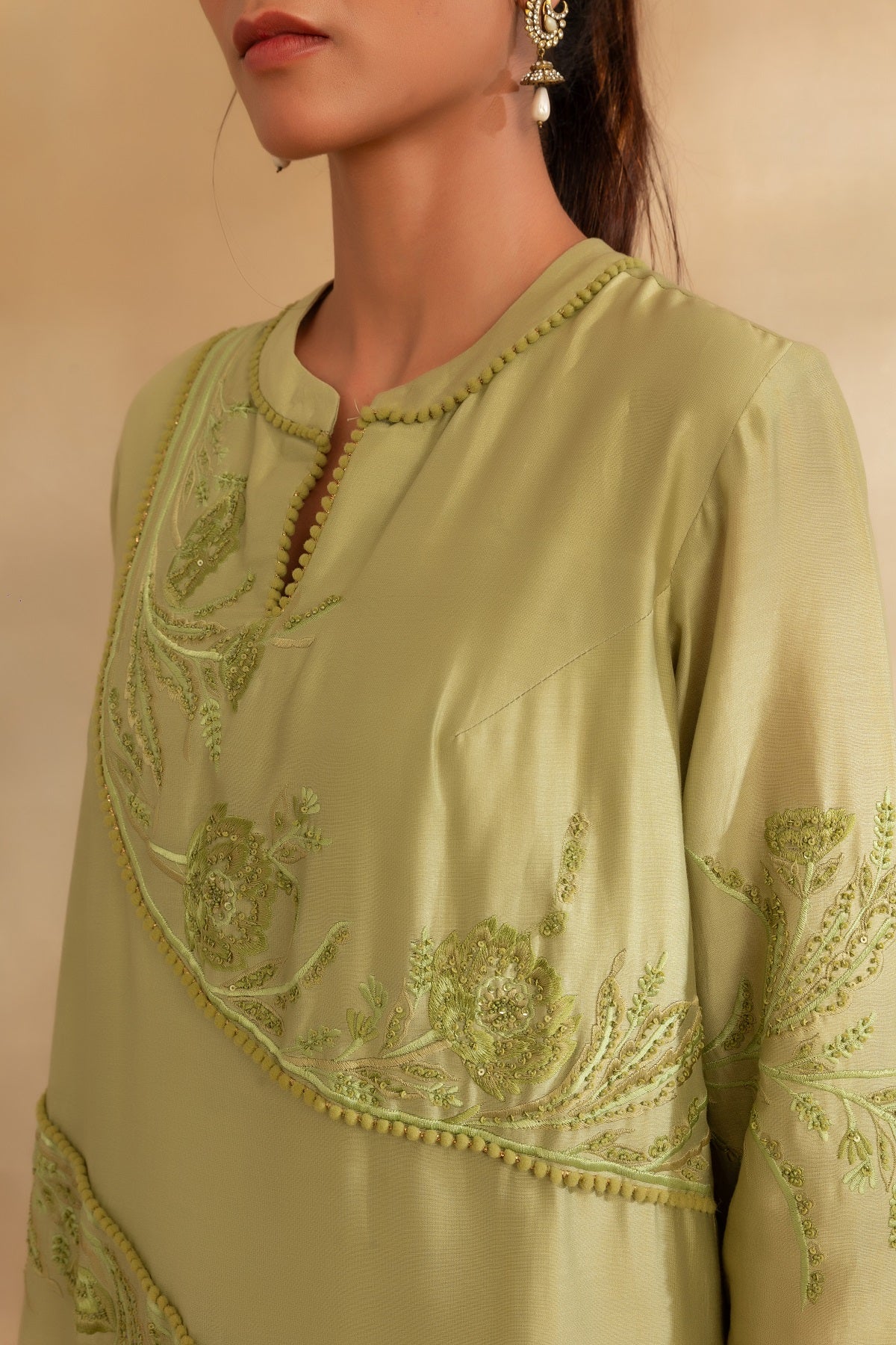 Pista green Silk chanderi tunic set and pant