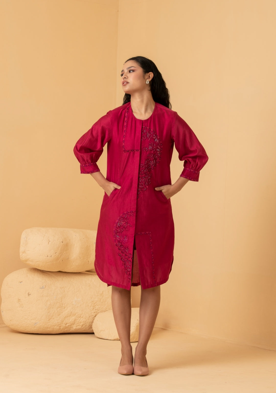 Fuschia chanderi anti fit Asymetrical dress