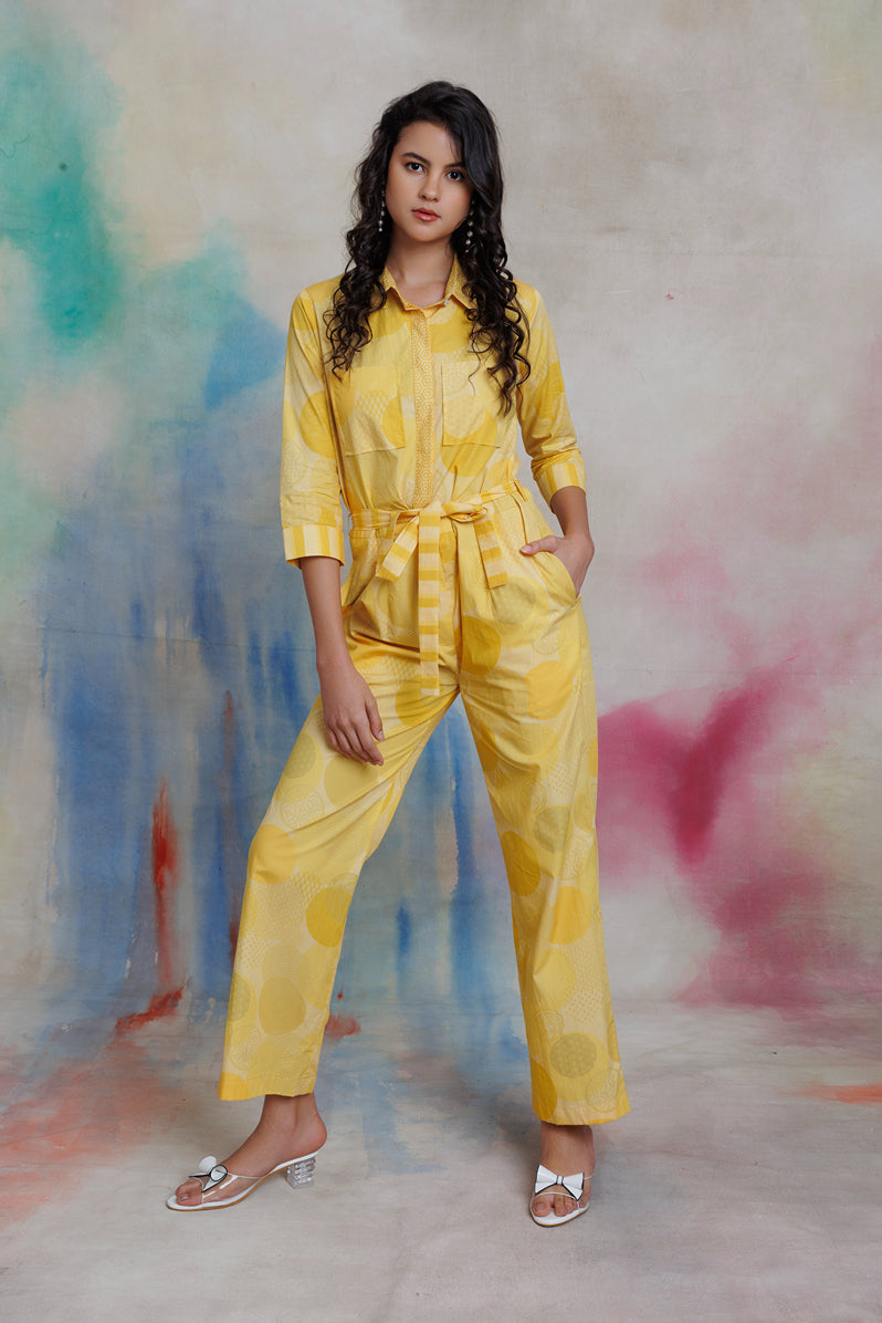 Yellow printed jumpsuit with front open placket and shirt