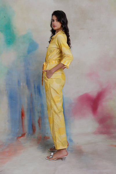 Yellow printed jumpsuit with front open placket and shirt