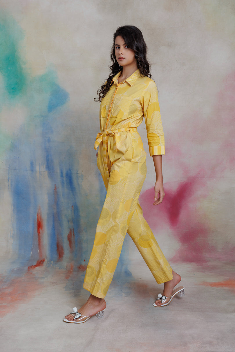 Yellow printed jumpsuit with front open placket and shirt