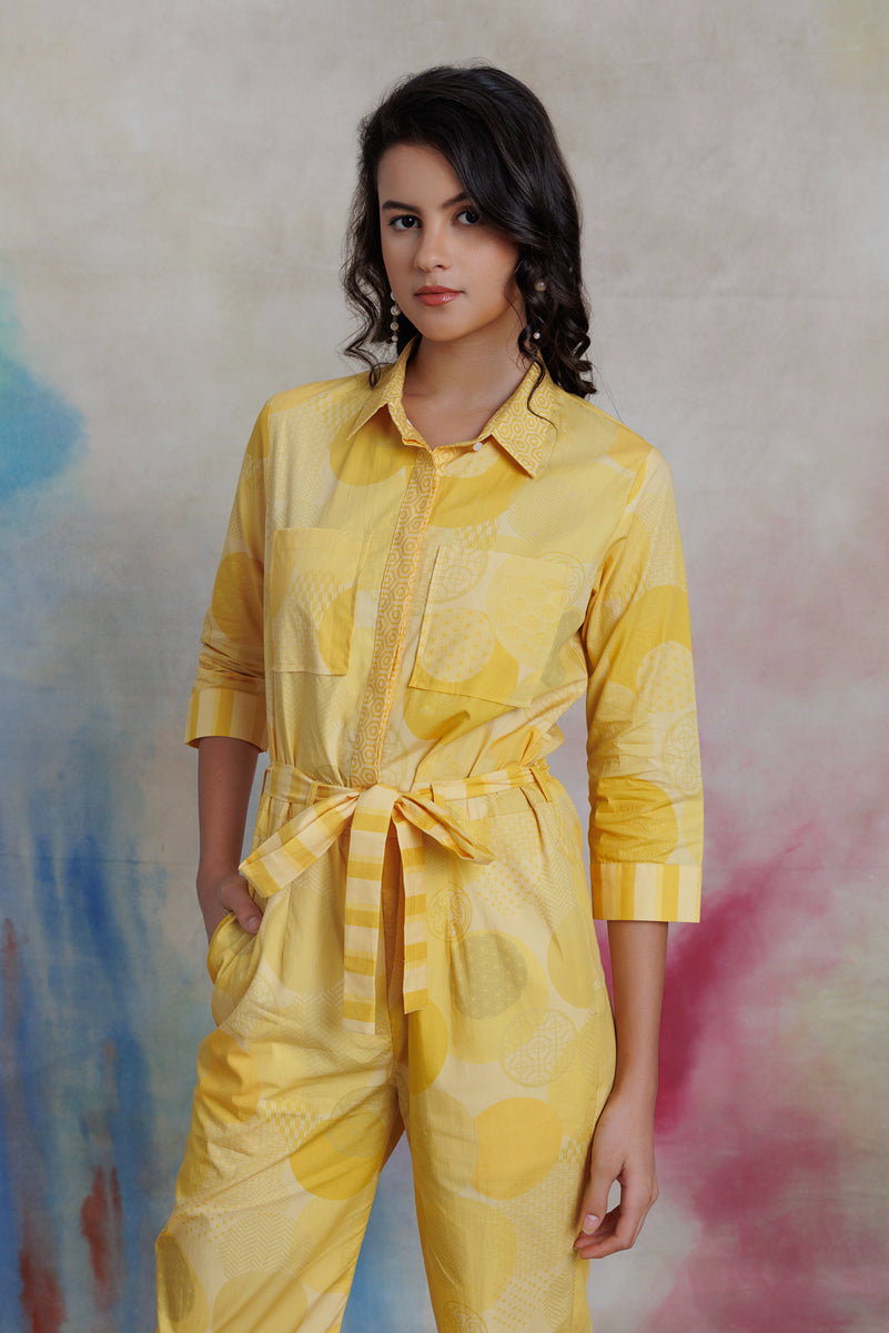 Yellow printed jumpsuit with front open placket and shirt