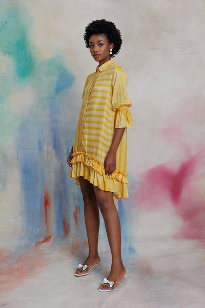 Yellow printed muslin shirt dress