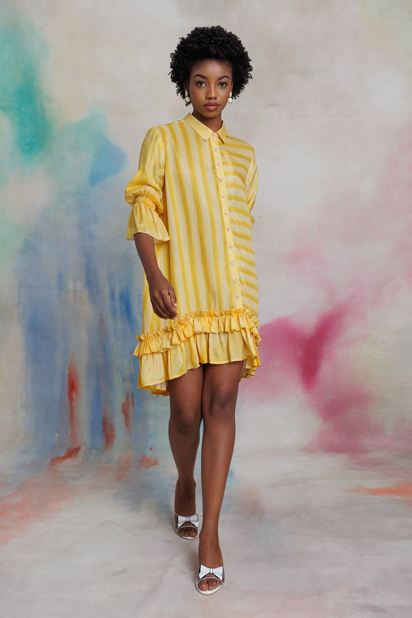 Yellow printed muslin shirt dress