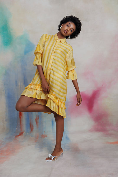 Yellow printed muslin shirt dress