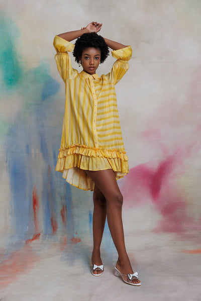 Yellow printed muslin shirt dress