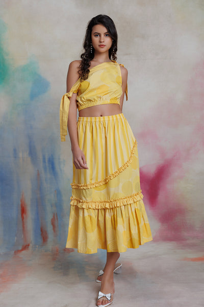 Yellow printed top and skirt