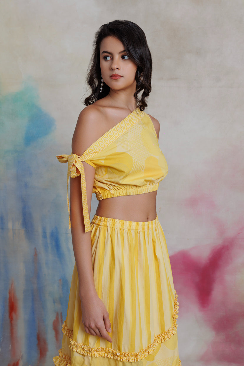 Yellow printed top and skirt