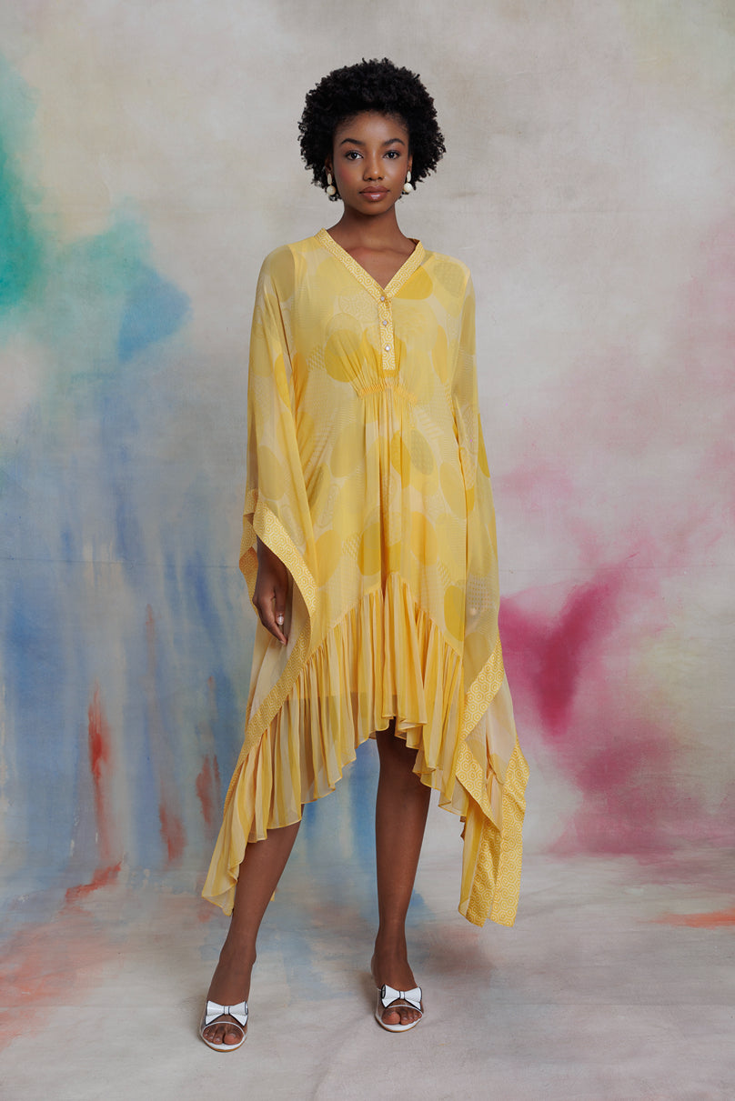 Yellow printed georgette kaftan