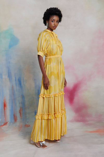 Yellow printed muslin long dress