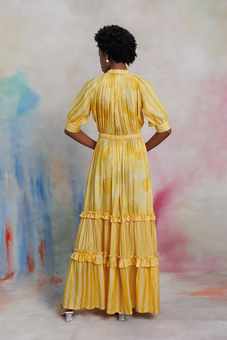 Yellow printed muslin long dress