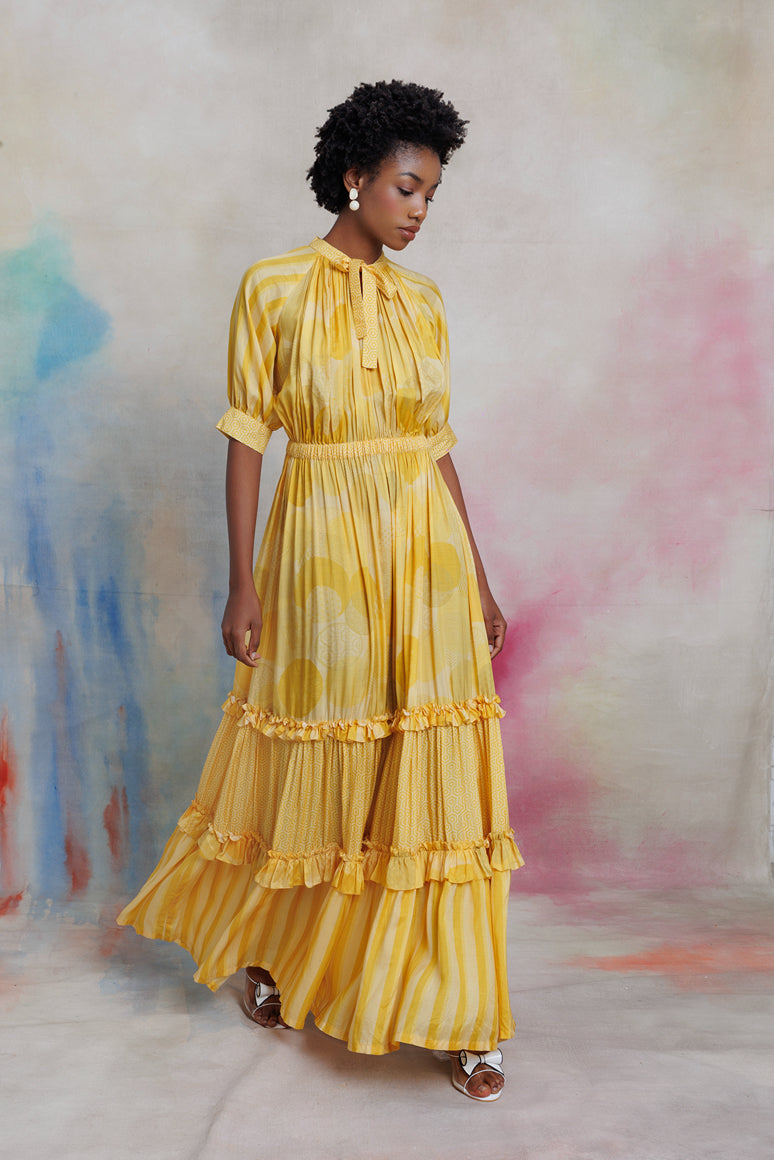 Yellow printed muslin long dress