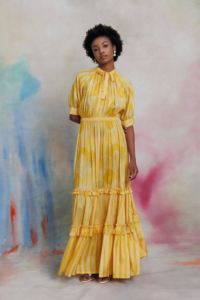 Yellow printed muslin long dress