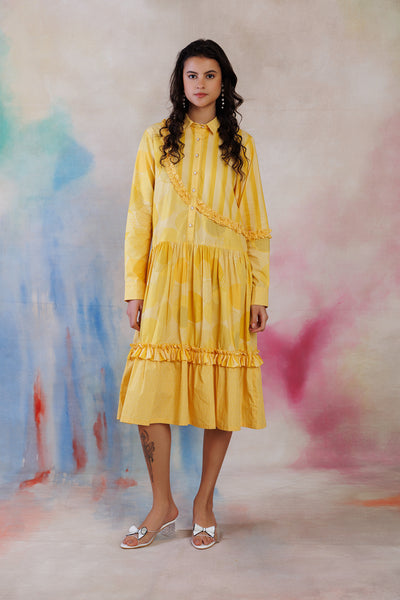 Yellow printed poplin shirt dress