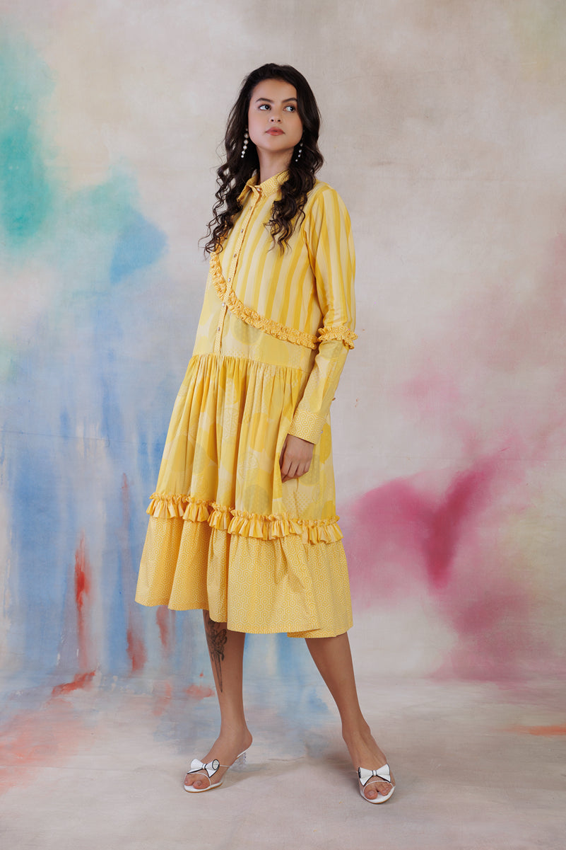 Yellow printed poplin shirt dress