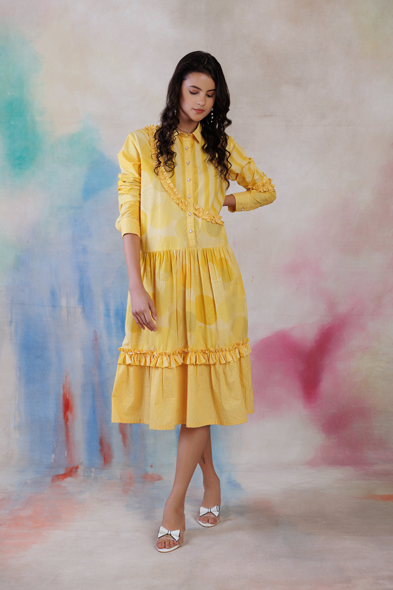 Yellow printed poplin shirt dress