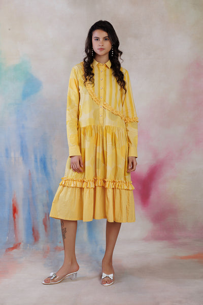 Yellow printed poplin shirt dress