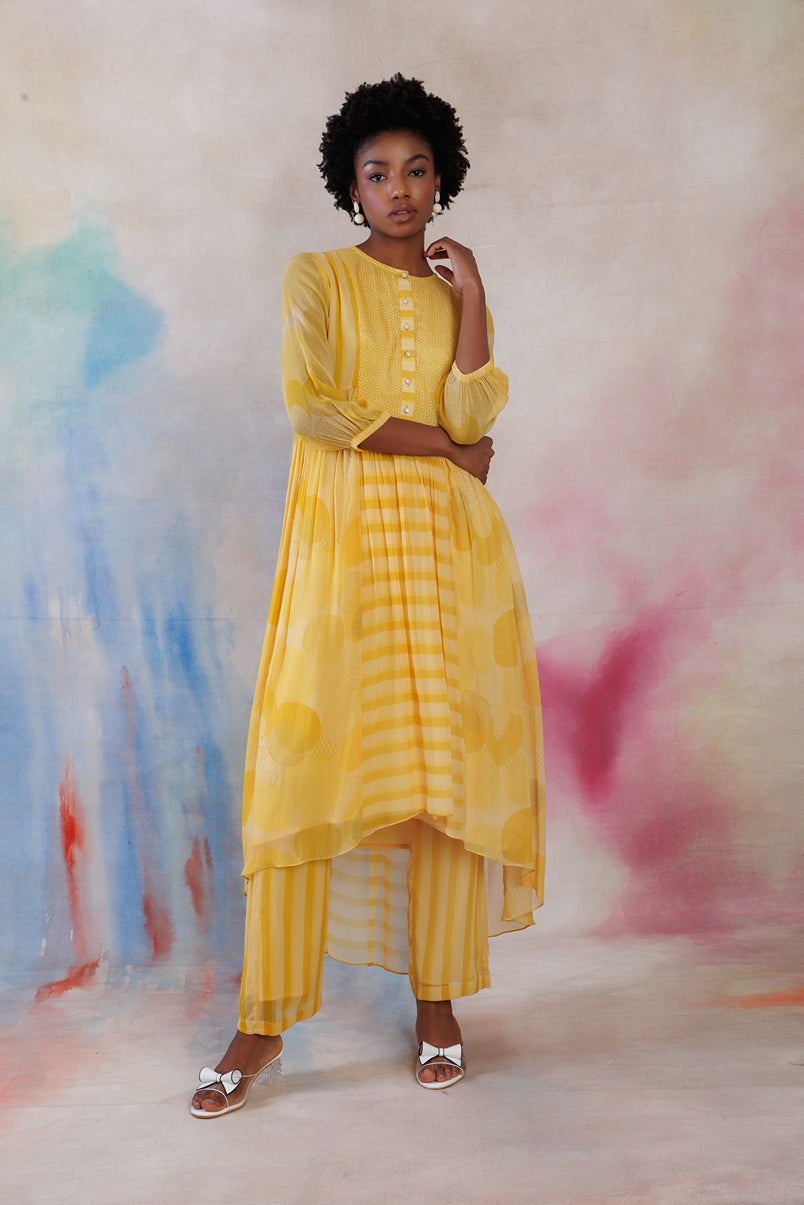 Yellow printed georgette flare tunic set