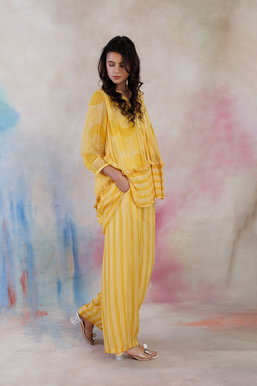 Yellow printed georgette flare top palazo set