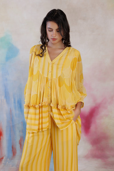 Yellow printed georgette flare top palazo set