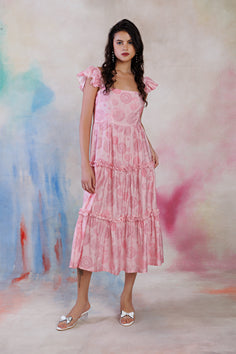 Powder pink printed cotton viscouse dress