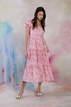 Powder pink printed cotton viscouse dress