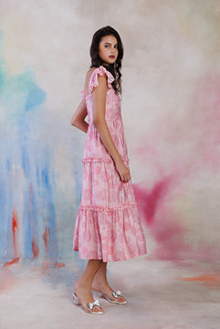 Powder pink printed cotton viscouse dress