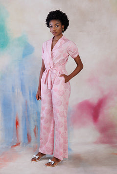 Powder pink printed poplin jumpsuit