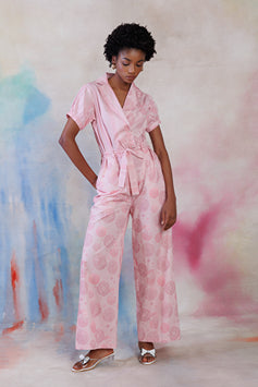 Powder pink printed poplin jumpsuit