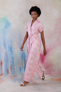 Powder pink printed poplin jumpsuit