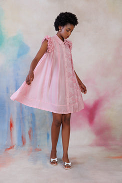 Powder pink printed muslin shirt dress