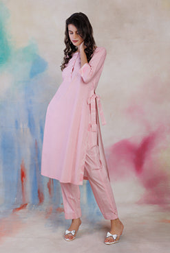 Powder pink printed poplin tunic set