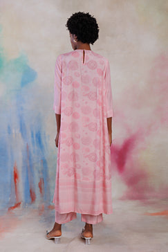 Powder pink printed muslin flare tunic set