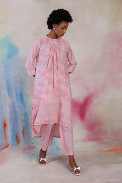 Powder pink printed muslin flare tunic set