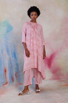 Powder pink printed muslin flare tunic set