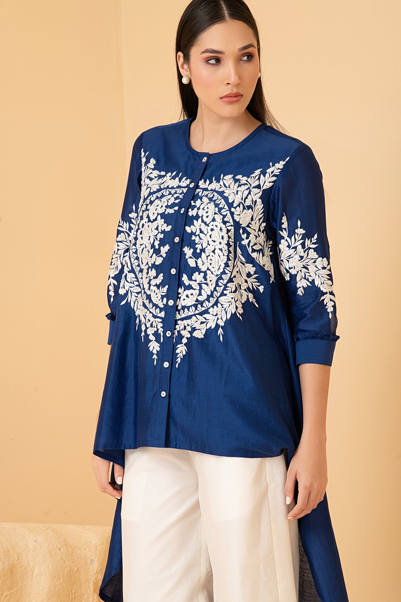 Blue chanderi asymetrical top with white palazo pants